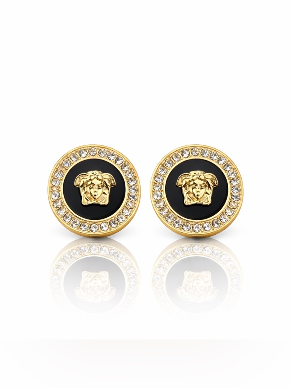 Gold Medusa Crystal Stud Earrings - Black Center